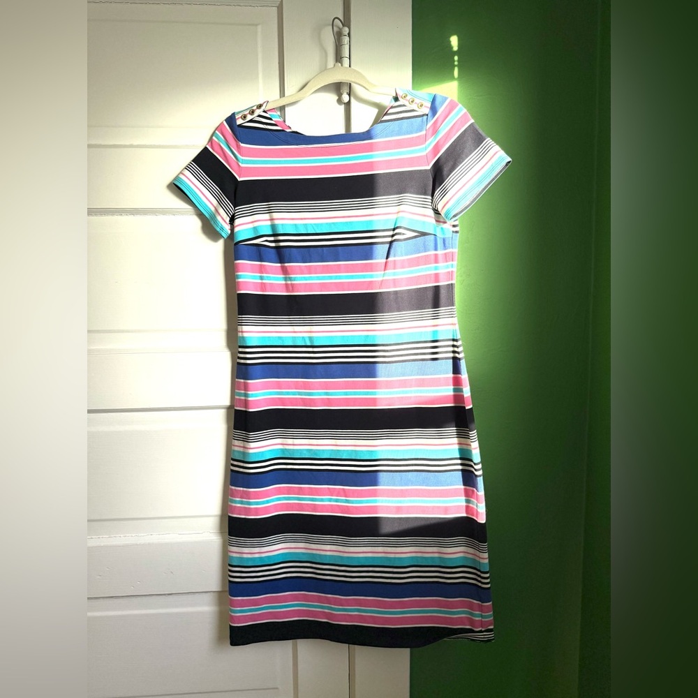 Talbots Striped Midi Dress in Coral Pink, Blue, and Black
